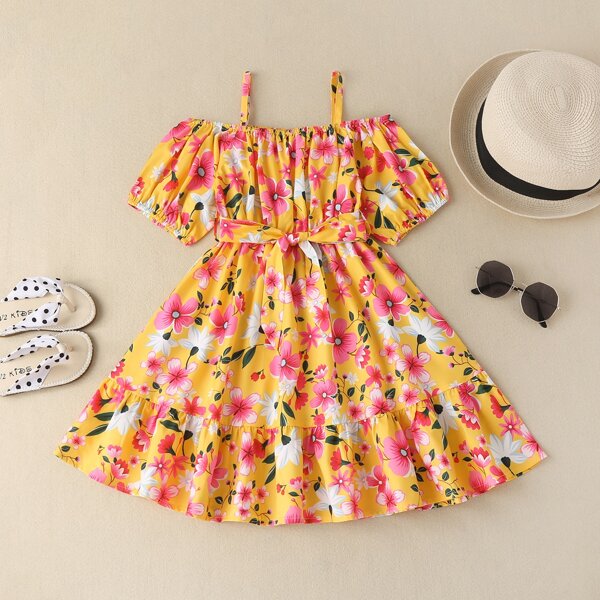 

Toddler Girls Floral Cold Shoulder Belted Ruffle Hem Dress, Multicolor