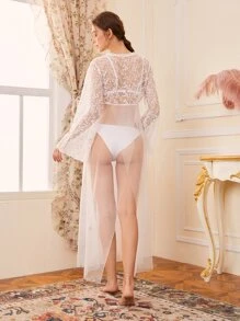 SHEIN Tie Front Embroidery Mesh Robe