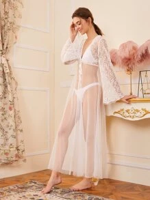 SHEIN Tie Front Embroidery Mesh Robe