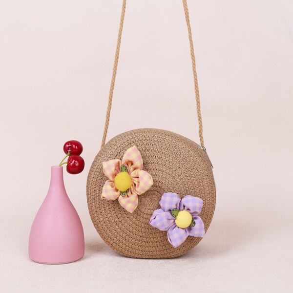 

Girls Floral Decor Straw Bag, Coffee brown