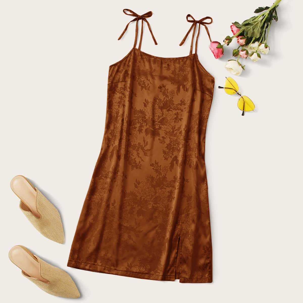 Satin Jacquard Tie Shoulder Cami Dress, Brown