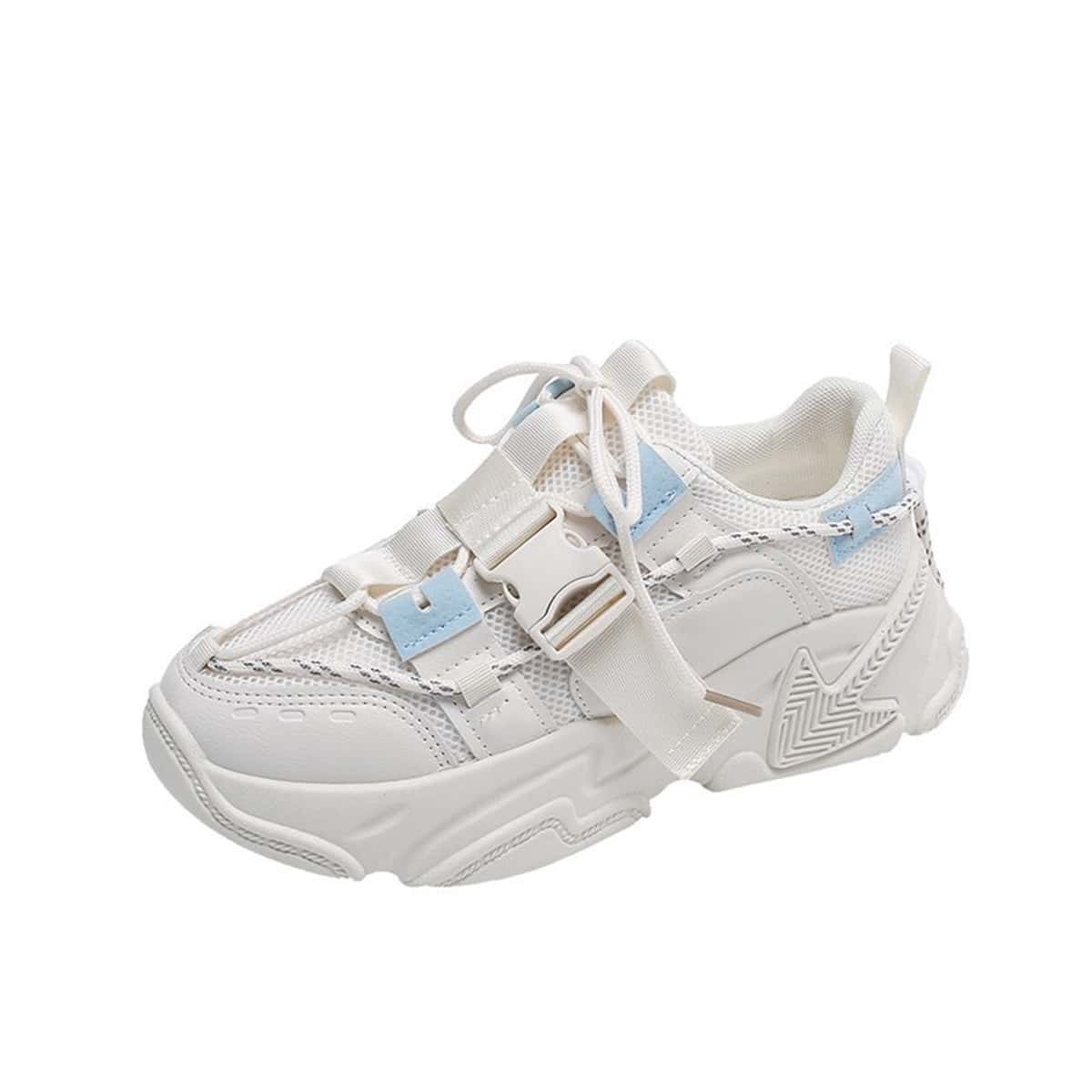 

Release Buckle Lace-up Mesh Chunky Sneakers, White