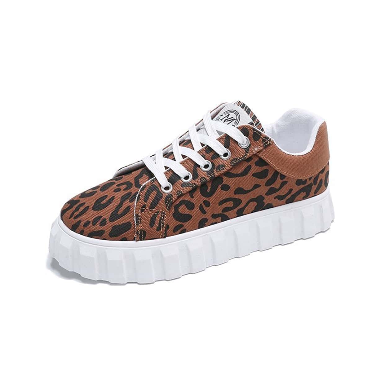 

Leopard Lace-up Canvas Sneakers, Coffee brown