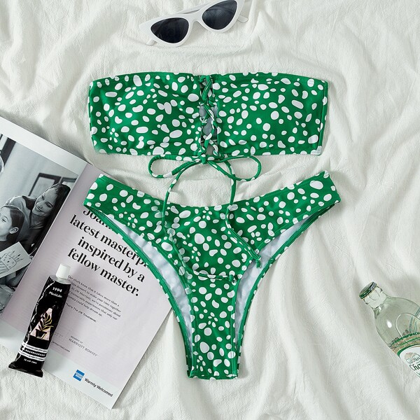 

Dalmatian Lace-up Bandeau Bikini Swimsuit, Green