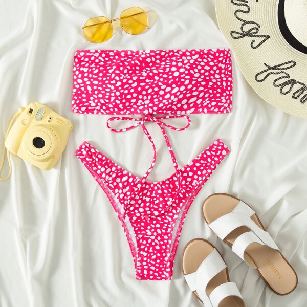 

Random Dalmatian Print Bandeau Bikini Swimsuit, Pink