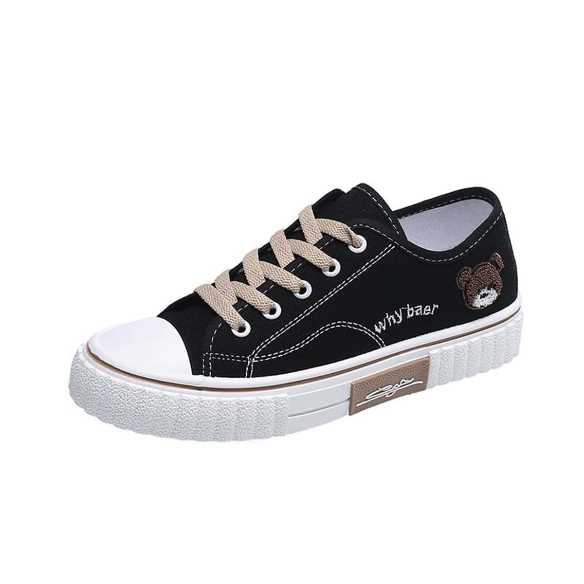 

Cartoon Bear Lace-up Canvas Sneakers, Black