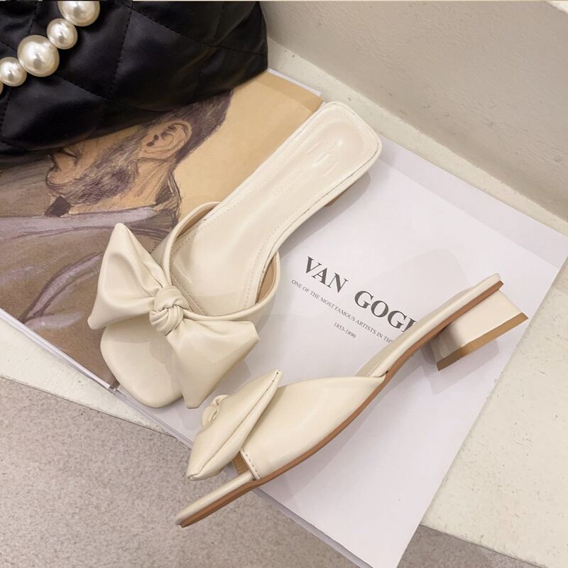 

Bow Knot Chunky Heeled Mules, Beige