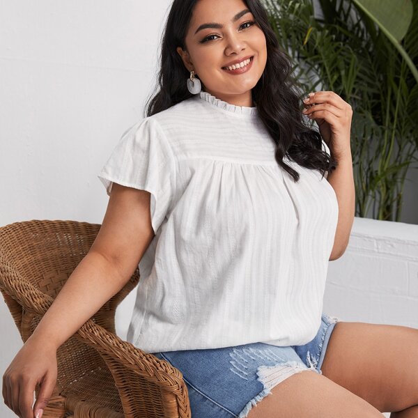 

Plus Frill Trim Neck Top, White