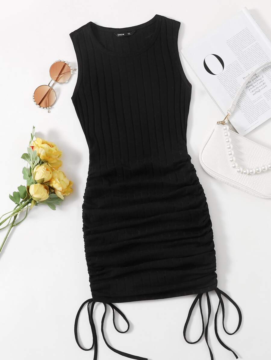 SHEIN Plus Drawstring Knot Ruched Dress - Black - View 1