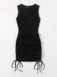SHEIN Plus Drawstring Knot Ruched Dress - Black - View 5