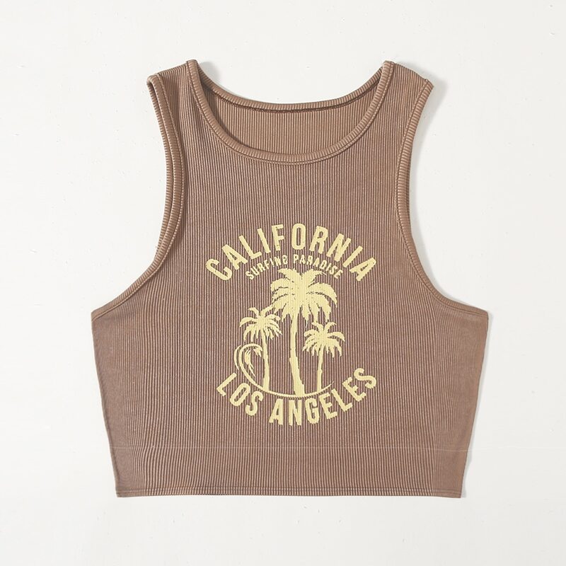 

Letter Coconut Tree Graphic Ribbed Tank Top, Brown