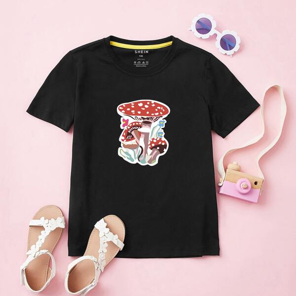 

Toddler Girls Mushroom Print Tee, Black