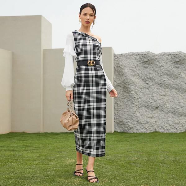 

Plaid Panel Asymmetrical Neck Dress Without Belt, Black and white