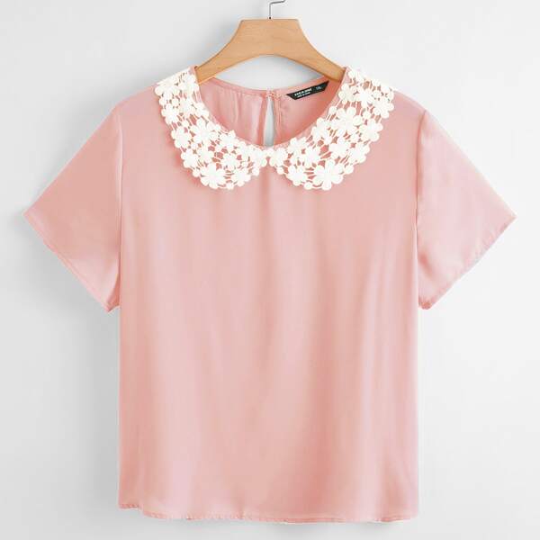 

Plus Guipure Lace Peter-pan-collar Top, Baby pink