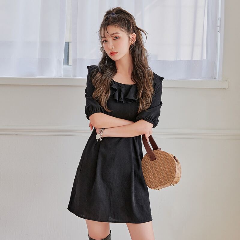 

Polka Dot Tie Back Ruffle Trim Dress, Black