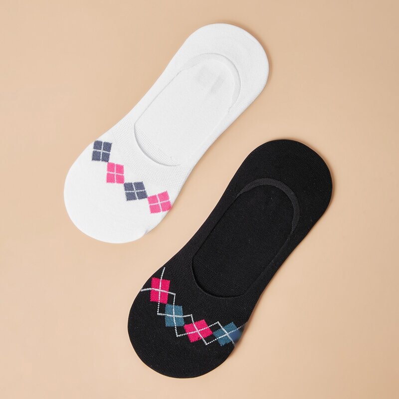 

2pairs Geometric Pattern Invisible Socks, Black and white