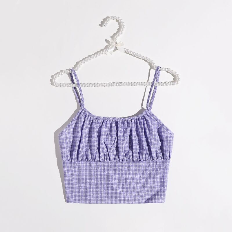 

Plaid Ruched Bust Crop Cami, Lilac purple