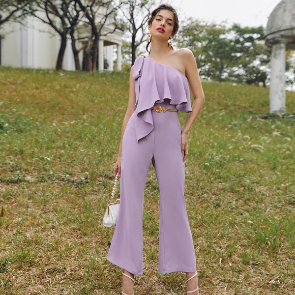 

1PC Knotted One Shoulder Ruffle Trim Belted Jumpsuit, Lilac purple