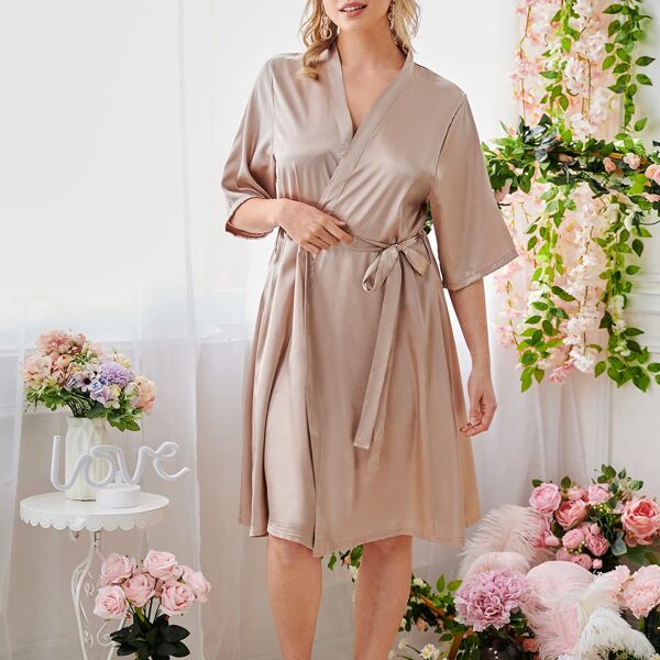 

Plus Solid Satin Belted Robe, Khaki