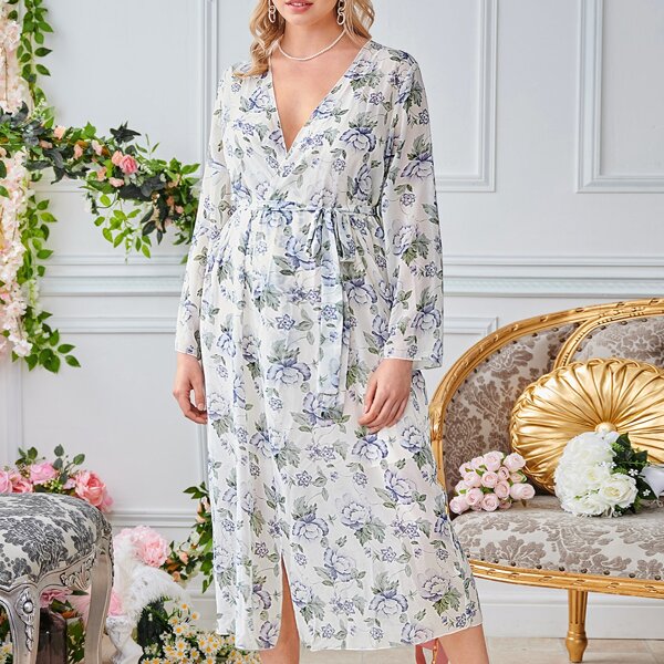 

Plus Allover Floral Belted Robe, Multicolor
