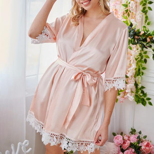 

Plus Contrast Lace Belted Robe, Baby pink