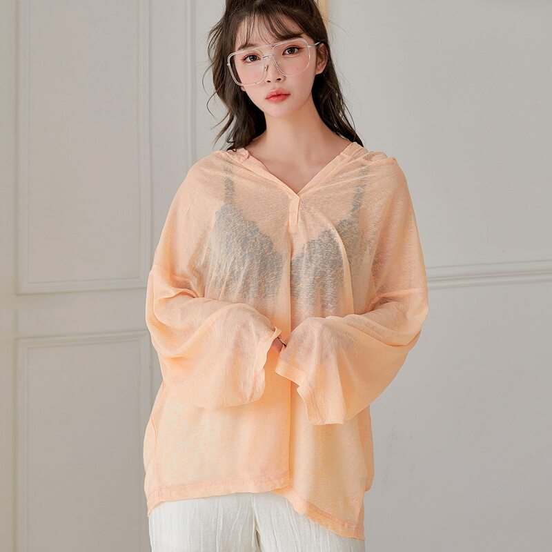

Drop Shoulder Sheer Oversized Hoodie, Coral orange