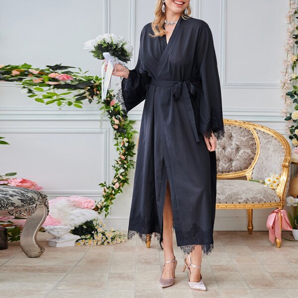 

Plus Lace Trim Belted Night Robe, Black