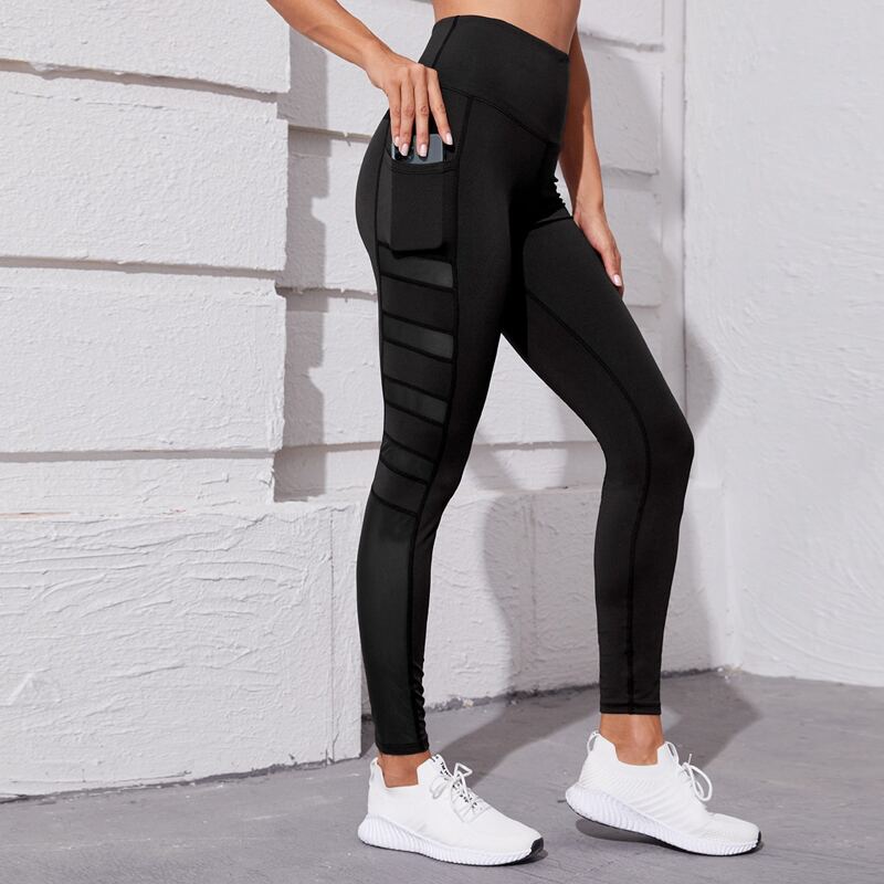 

Contrast Mesh Sports Leggings With Phone Pocket, Black
