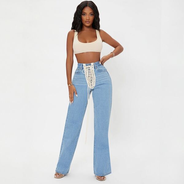 

Curvy High Waist Lace Up Fly Jeans, Light wash