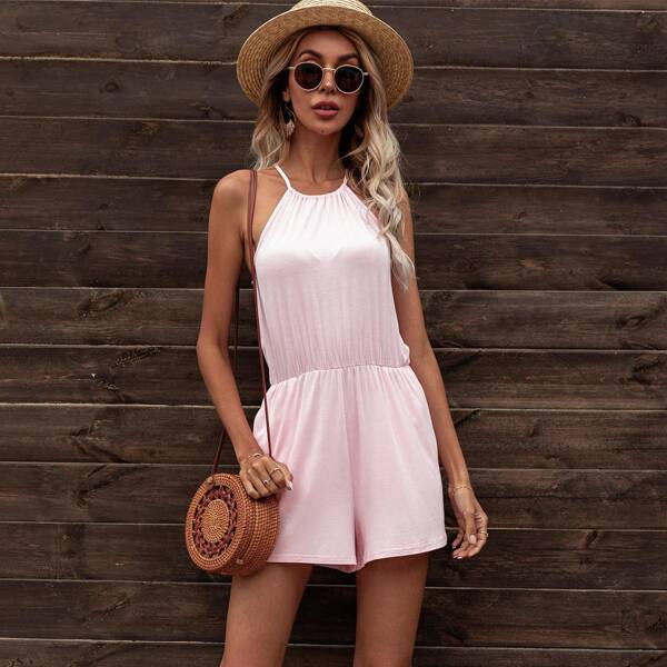 

Solid Halter Neck Romper, Baby pink