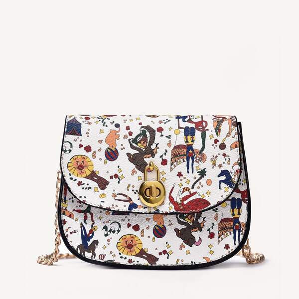

Allover Cartoon Graphic Saddle Bag, White