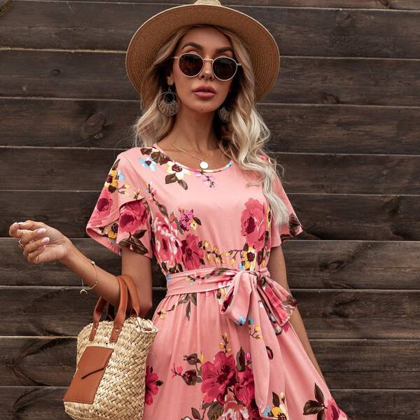 

Asymmetrical Ruffle Hem Belted Floral Dress, Dusty pink
