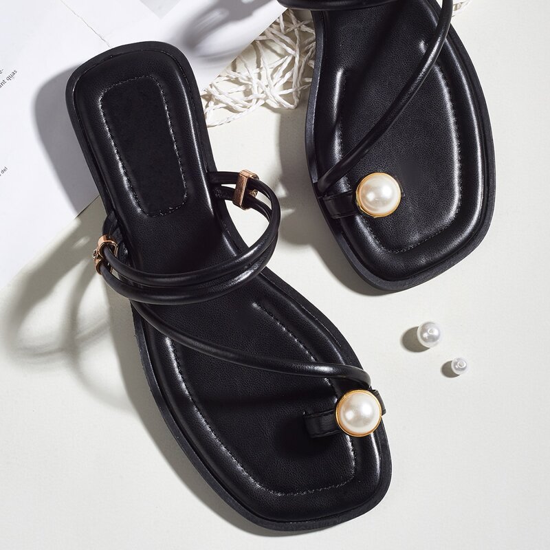 

Faux Pearl Toe Ring Slides, Black