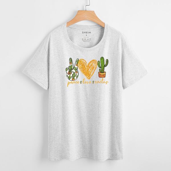 

Cactus & Slogan Print Round Neck Tee, Light grey