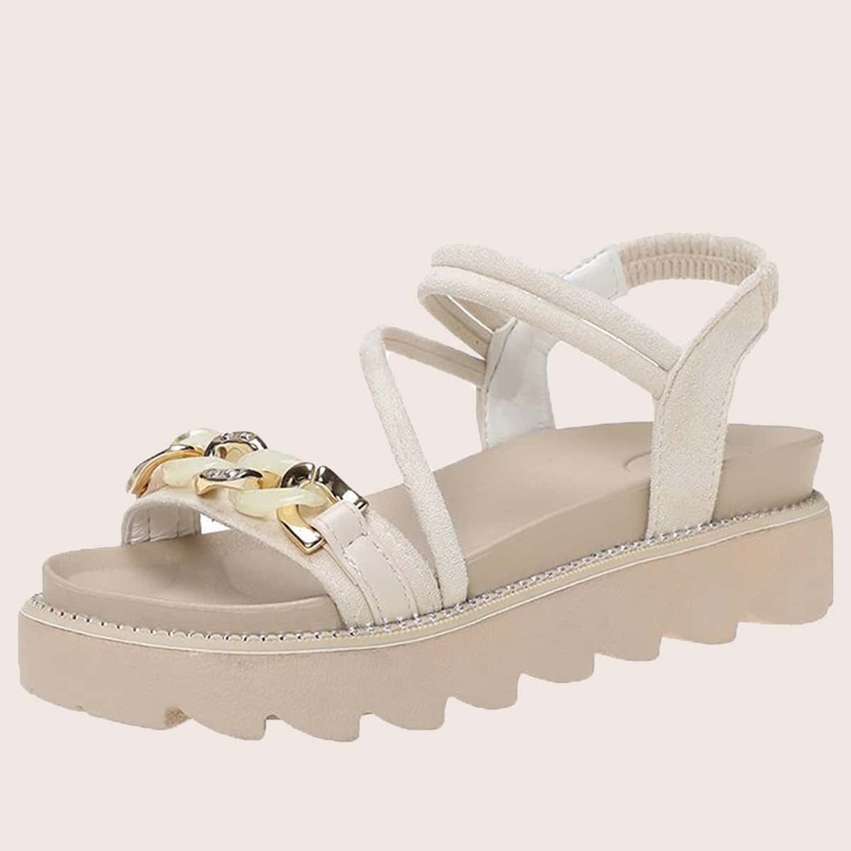 

Rhinestone Chain Wedge Sandals, Beige