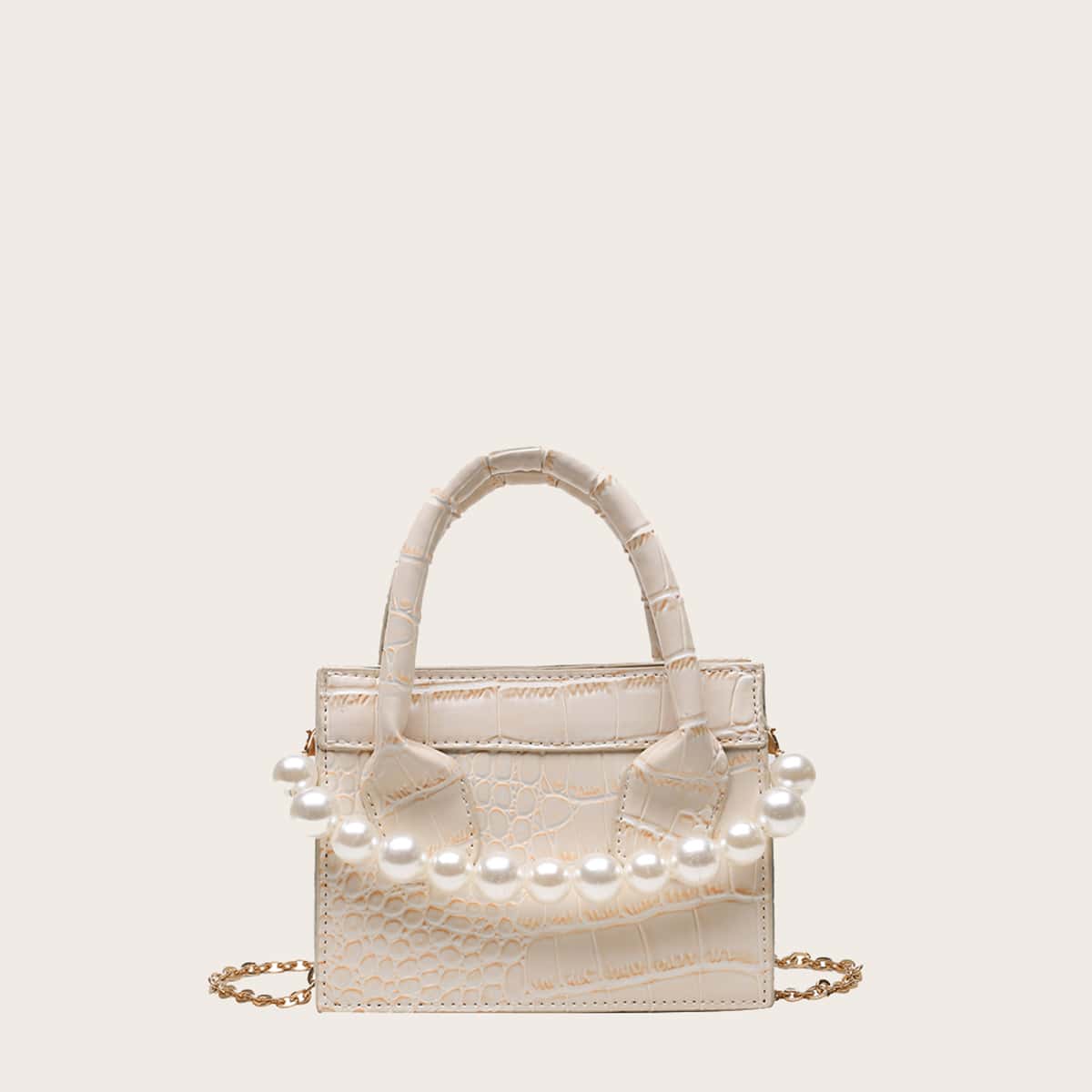 

Croc Embossed Faux Pearl Handle Satchel Bag, Beige