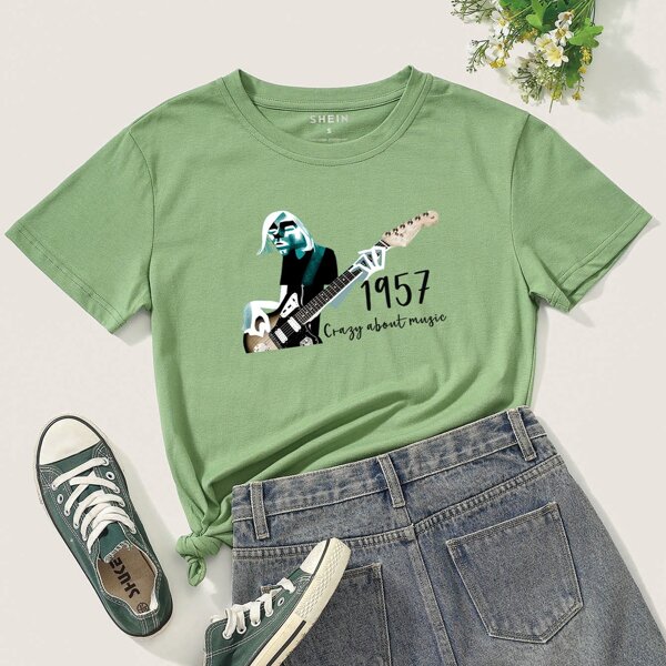 

Figure And Slogan Graphic Tee, Lime green