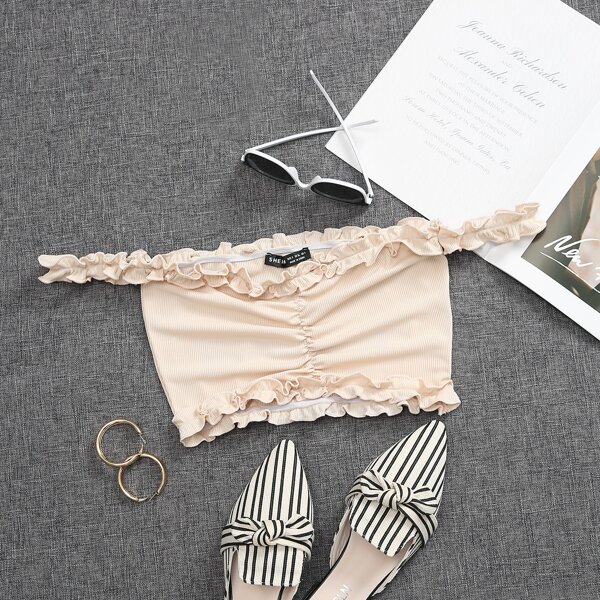 

Frill Off Shoulder Rib-knit Crop Top, Beige