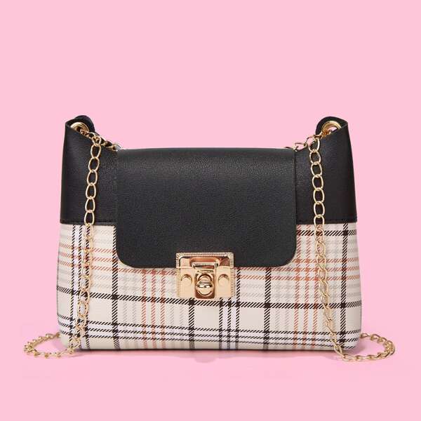

Plaid Twist Lock Flap Chain Bag, Multicolor
