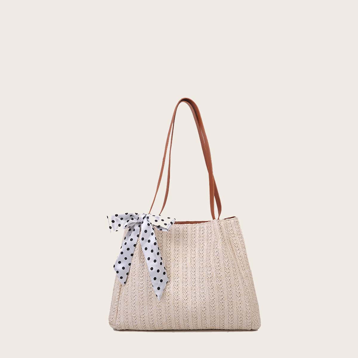 

Polka Dot Knot Straw Tote Bag, Beige