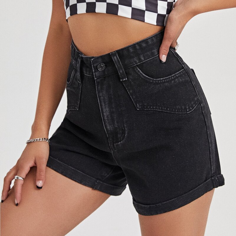 

Solid Straight Leg Denim Shorts, Black