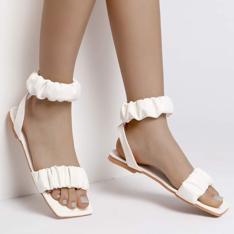 

Ruched Ankle Strap Flat Sandals, White