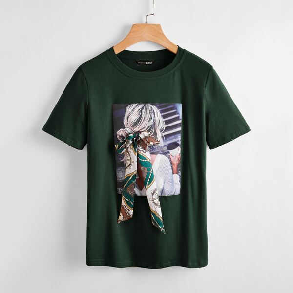 

Figure Print Bow Front Tee, Dark green