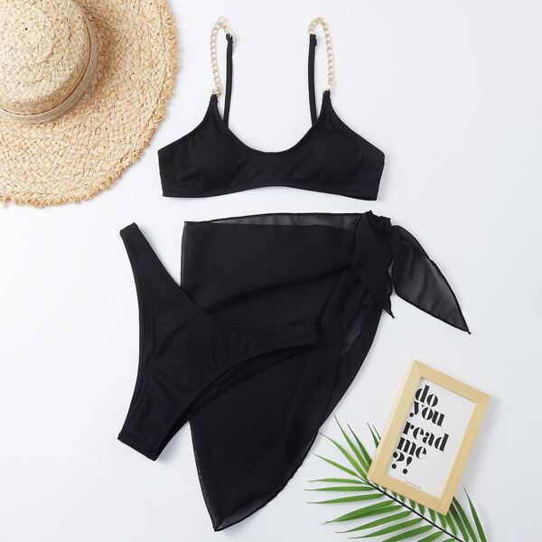 

3pack Chain Bikini Swimsuit With Cover Up, Black