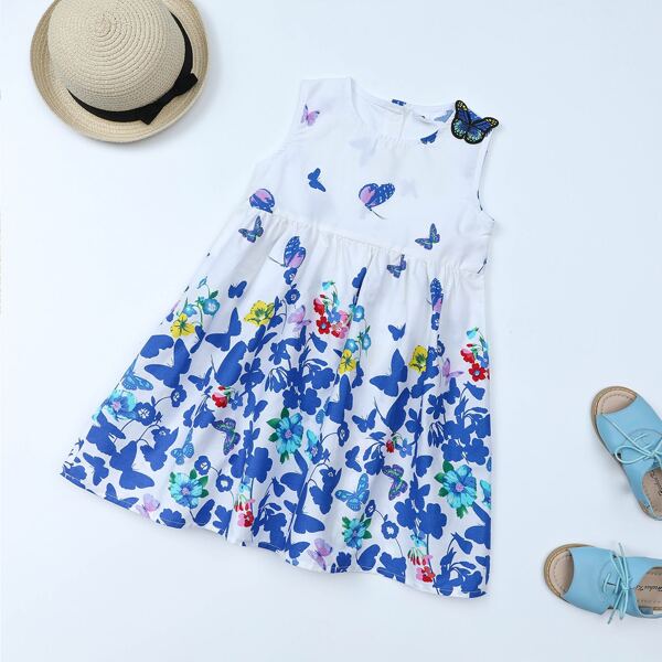 

Toddler Girls Floral Belted Butterfly Patched Dress, Blue and white