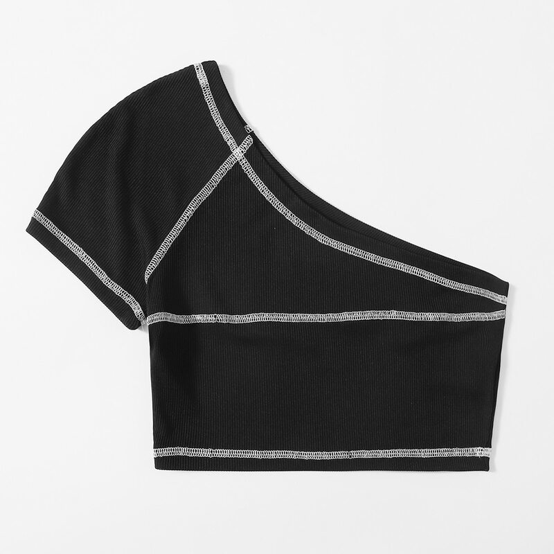 

Contrast Stitching One Shoulder Crop Top, Black