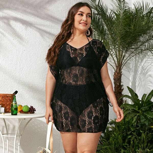 

Plus Floral Lace Cover Up, Black