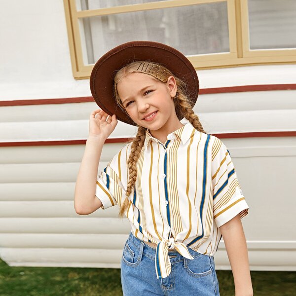 

Girls Knot Hem Striped Blouse, Multicolor