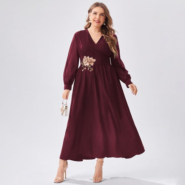 

Plus Floral Embroidered A-line Dress, Maroon