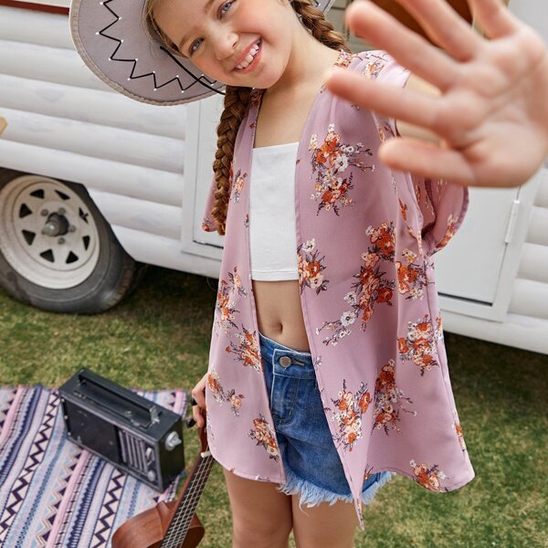 

Girls Drop Shoulder Floral Kimono, Dusty pink